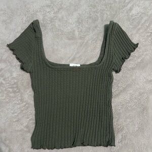 Ribbed Square-Neck Short Sleeve Top - Olive